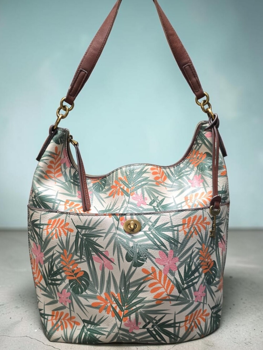 Fossil Talulla Hobo Tote Bag Leaf Green Tropical Print